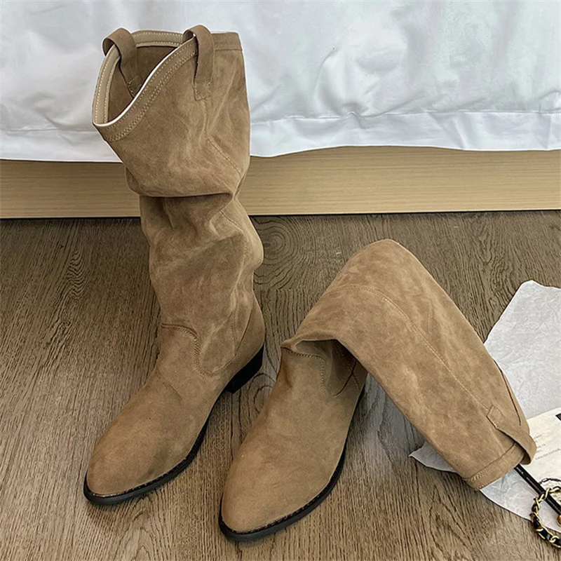

Women Mid Calf Boots Pointed Toe Thick Heels Popular Concise Fashion Cow Suede Leather Autumn Winter Casual Shoes Woman 2023
