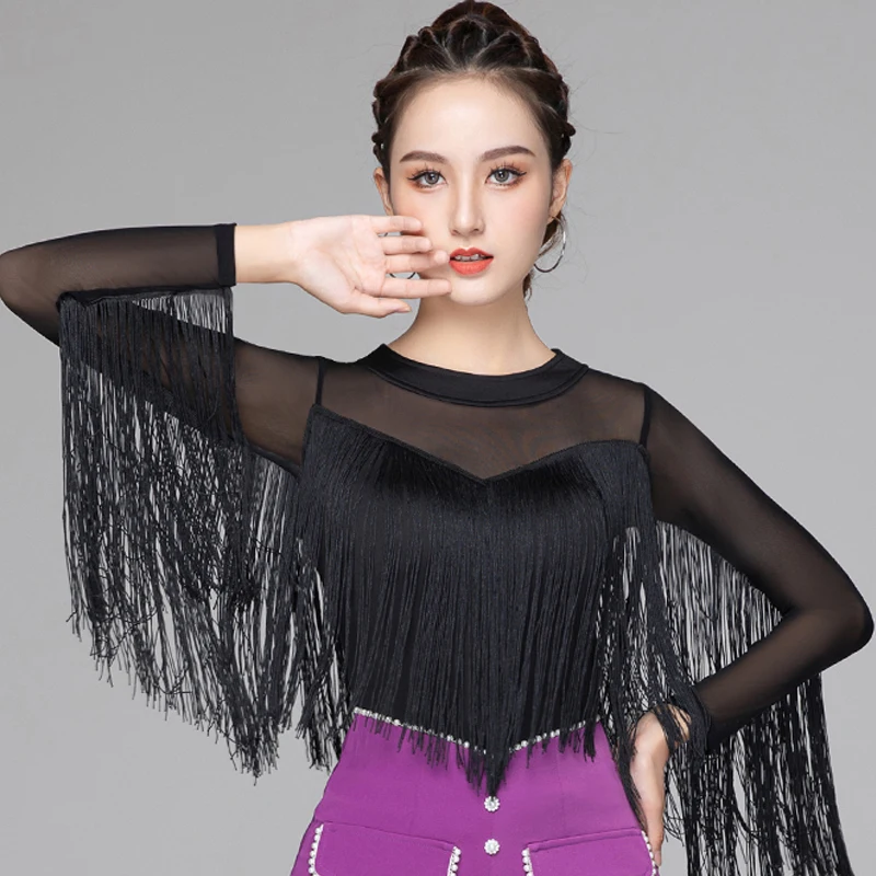 

Latin Dance Practice Clothes Long-Sleeved Fringed Top Women'S 2022 New Modern National Standard Dance Top Latin Tops SL6547