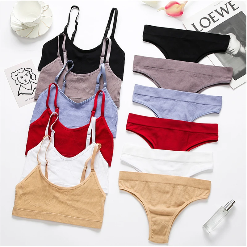 

2 Pcs Sexy Seamless Bra Thong Set Low-waist Panties Women Wireless Sport Underwear Suit Soft Padded Bras Backless Bralette