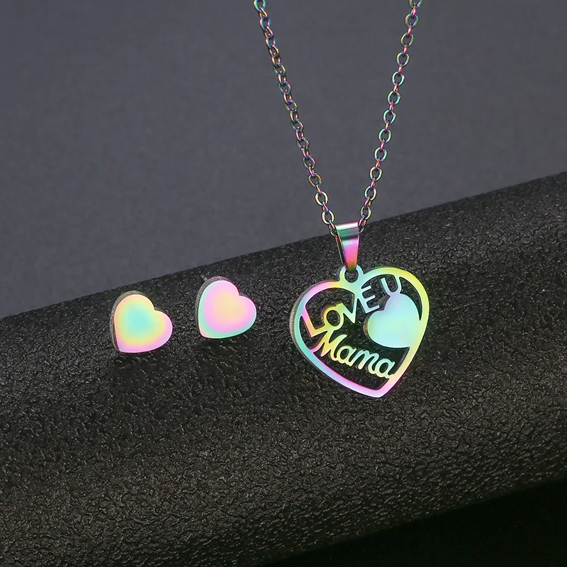 

Stainless Steel Colorful Heart Love Mama Pendant Chain Necklace Stud Earring for Women Birthday Jewelry Set Mother's Day Gift