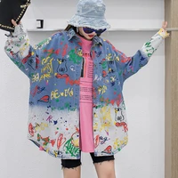 letter graffiti print denim jacket women streetwear fashion lapel long sleeve jeans jacket female loose hip hop jeans coat