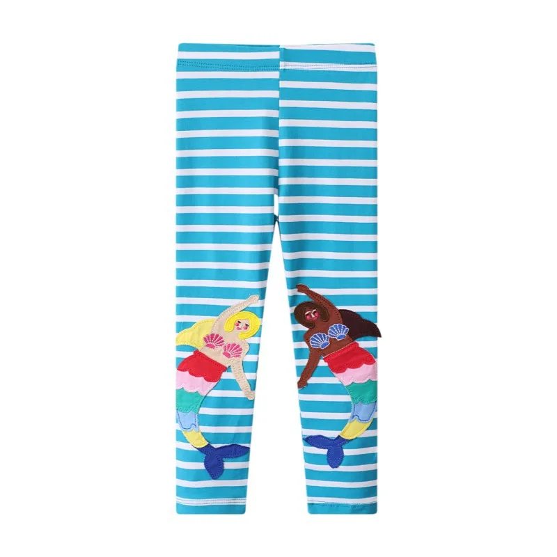 

Леггинсы в полоску для девочек, милые леггинсы с мультяшным рисунком русалки, брюки-карандаш для начинающих ходить детей