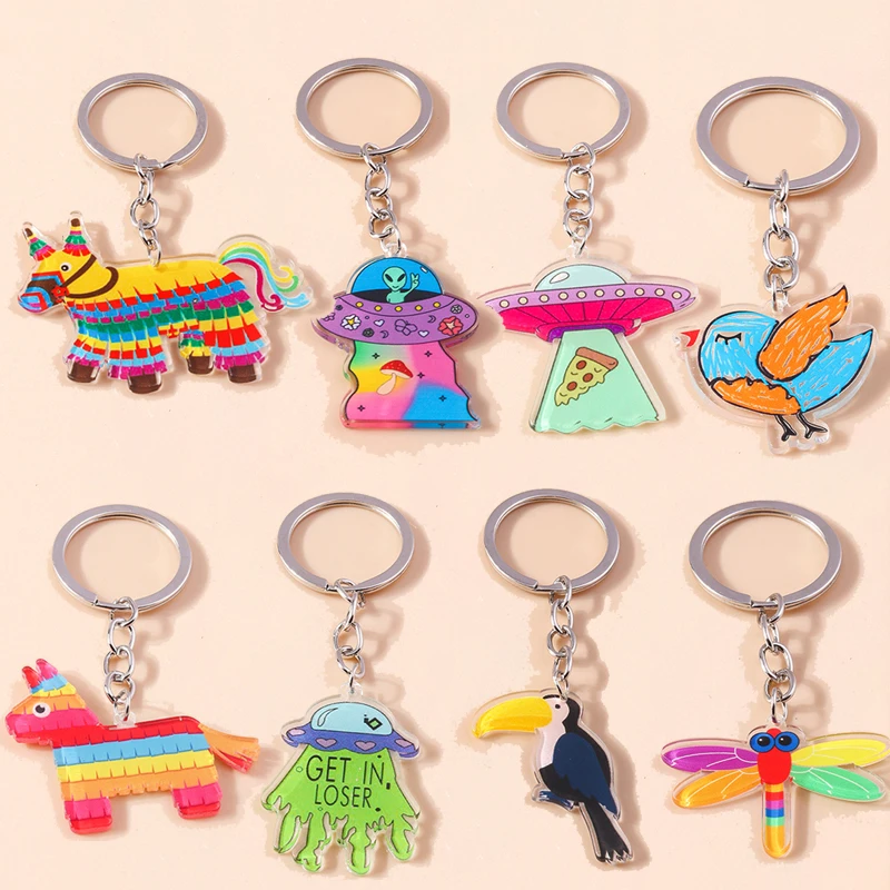 

Creative Acrylic Christmas Horse Keychain for Women Men UFO Spaceship Key Ring Chains Bag Pendant Trendy Party Jewelry Gifts