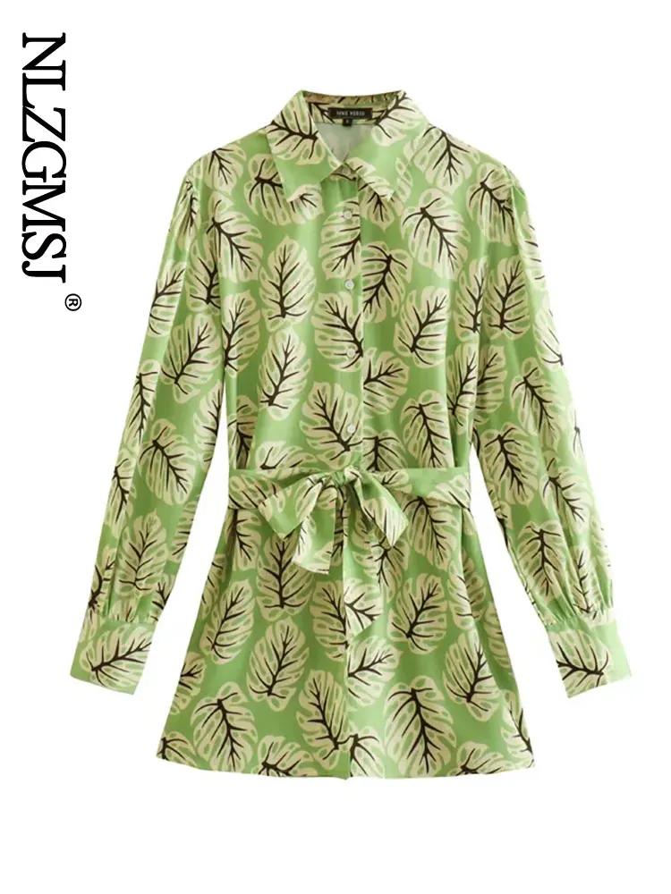 

Nlzgmsj Za Women Fashion With Belt Printed Ruffled Green Mini Dress Vintage Long Sleeve Button-up Female Dresses Vestidos 202204