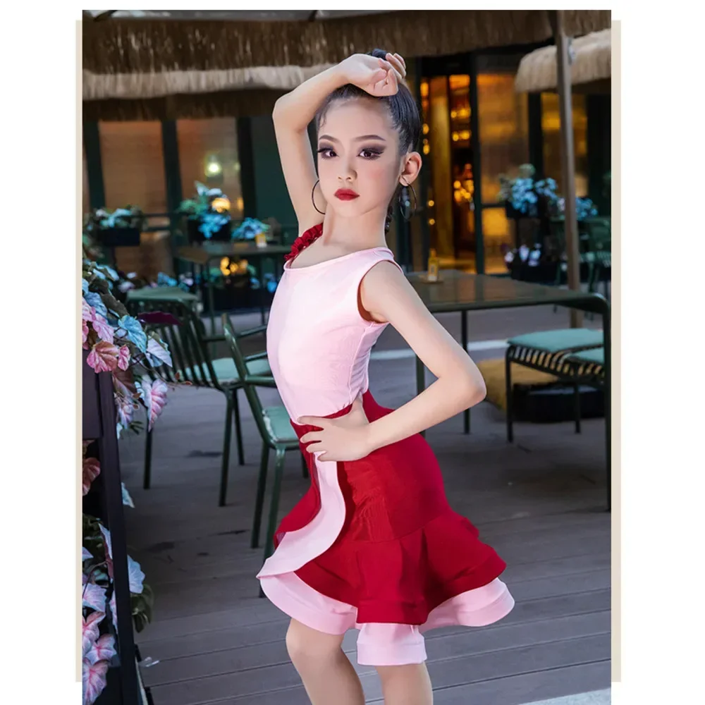 Платье Meisjes Lijn Ruche Balzaal для латинских танцев Wedstembali Meisje Kind Salsa Tango Cha Oefen Top Rok Uitvoering