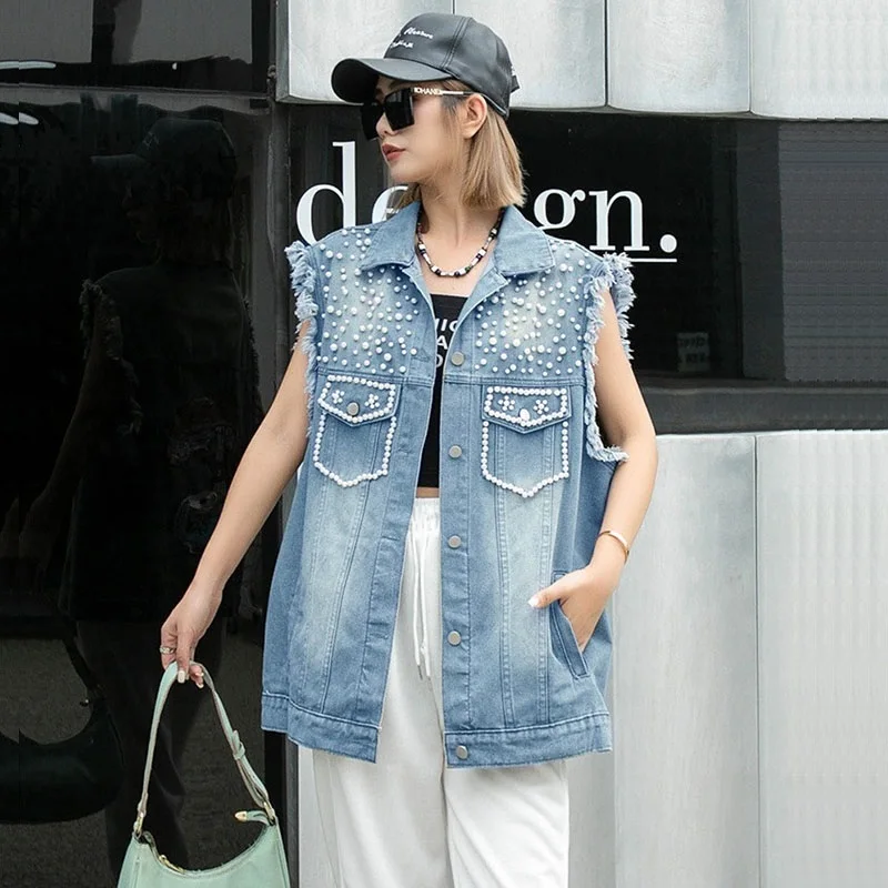 

Fashion Pearl Beaded Women Short Denim Vest Spring Autumn Casual Lapel Single-breasted Frayed Burrs Sleeveless Cowboy Waistcoat