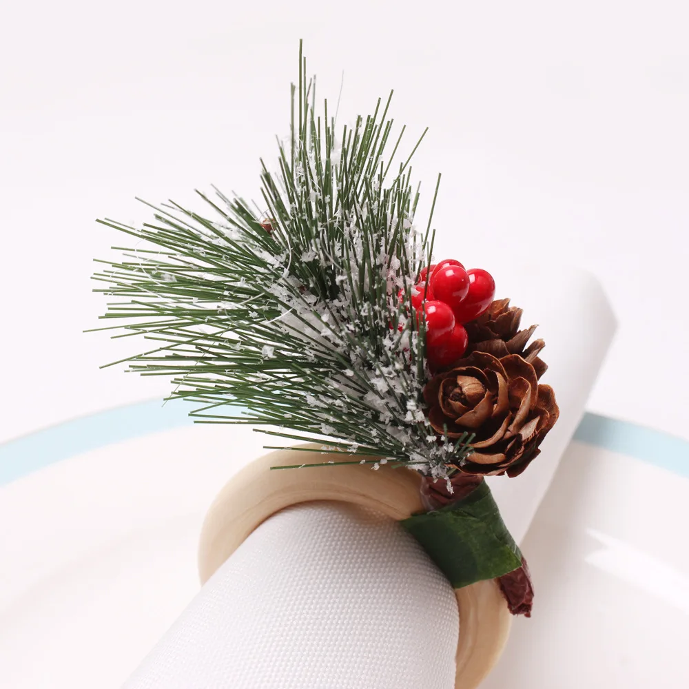 

4PCS Christmas Pine Cone Napkin Ring, Bell Pine Needle Red Berries Cedar Wooden Napkin Buckle, Dining Kitchen Party Table Decor