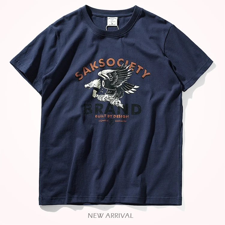 

Summer American Retro Short Sleeve O-neck Eagle Printed T-shirt Men's Fashion 100% Cotton Washed Old Loose Couple Casual Tops