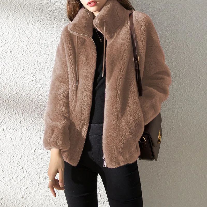 2022 Winter Women's High Quality Plush Thick Warm Faux Fur Coat Casual Loose Stand Collar OverCoat Female Zip Up Cardigan Jacket