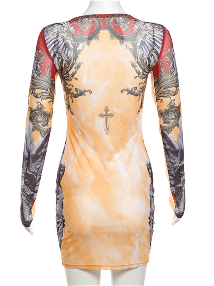 Simenual 90-х годов прозрачное мини-платье с длинными рукавами и цифровым принтом в