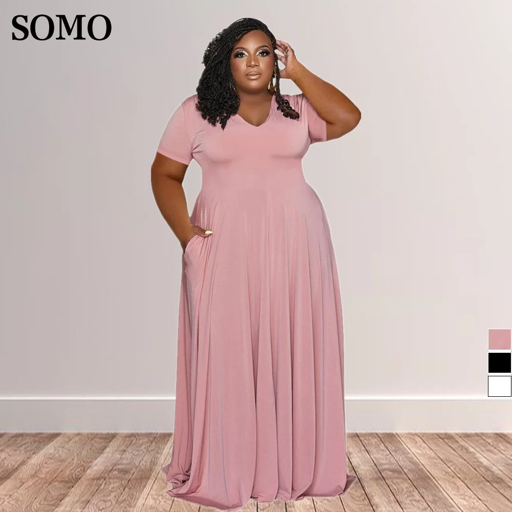 

Однотонные элегантные женские повседневные платья с V-образным вырезом и отложным воротником, летние модные вечерние платья больших размеров, оптовая продажа, Прямая поставка