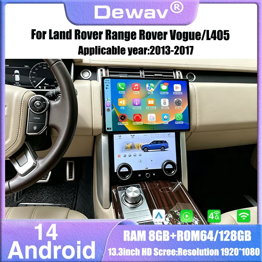 Фото 13,3-дюймовый мультимедийный плеер с GPS, CarPlay, Android 14 для Range Rover Vogue/L405 2013-2017 годов выпуска, с кнопками управления кондиционером Bosch и Harman. №1