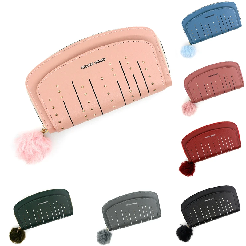

Personality New Ladies Wallet Coin Purse Fashion Rivet Hair Ball PU Leather Long Wallet Card Bag Clutch Bag Retro Zipper Bag