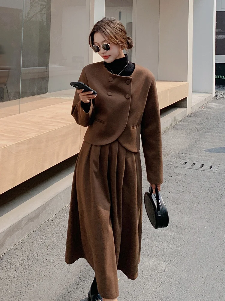 

Осенне-зимняя шерстяная куртка и юбка, комплект из двух предметов для женщин, элегантное шикарное приталенное повседневное короткое пальто...