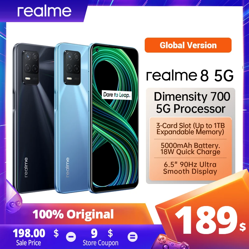 Глобальная версия Смартфон Realme 8 5G Dimensity 700 48MP Nightscape Camera 90 Гц 6,5 "Большой полноэкранный режим Аккумулятор 5000 мАч 18 Вт Зарядка - 200 лучших товаров с Али