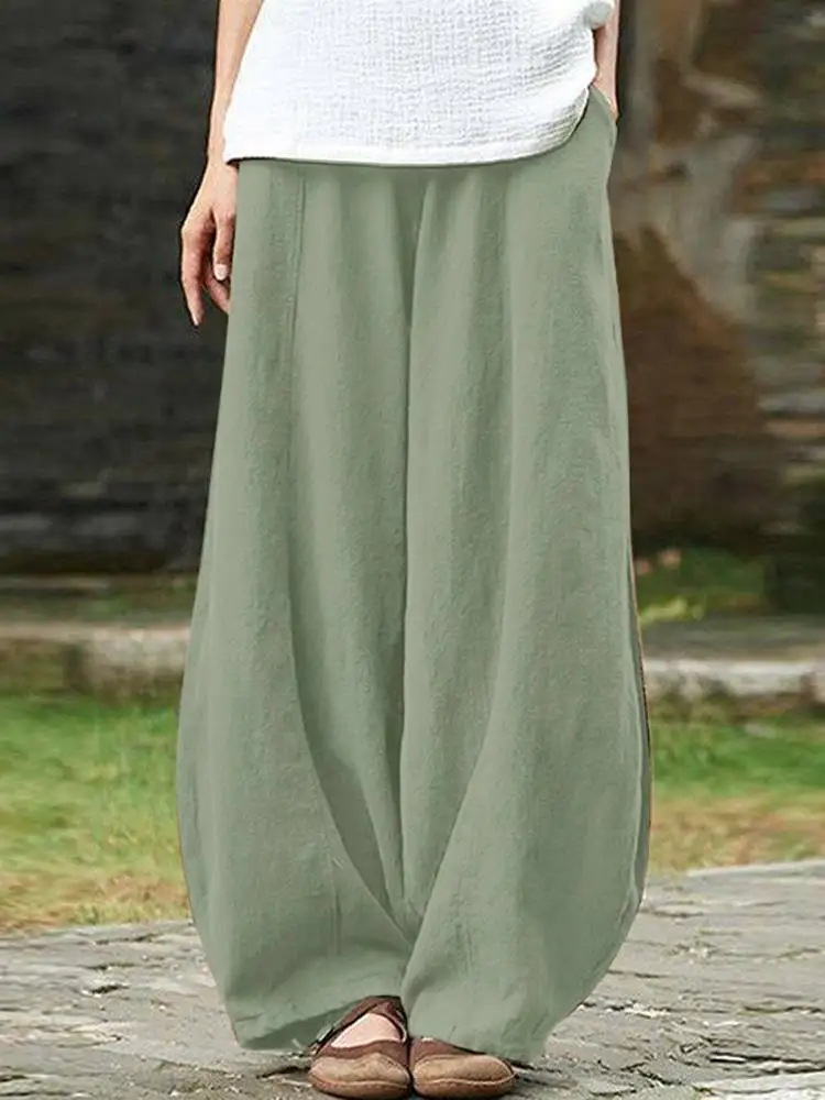 

ZANZEA Summer Solid Women Pants Fashion Casual Holiday Beach Oversized Pant Elastic Waist Side Pockets Cotton Wide Leg Trousers
