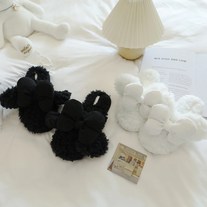 Новые Симпатичные плюшевые женские тапочки с большим трехмерным бантом теплая