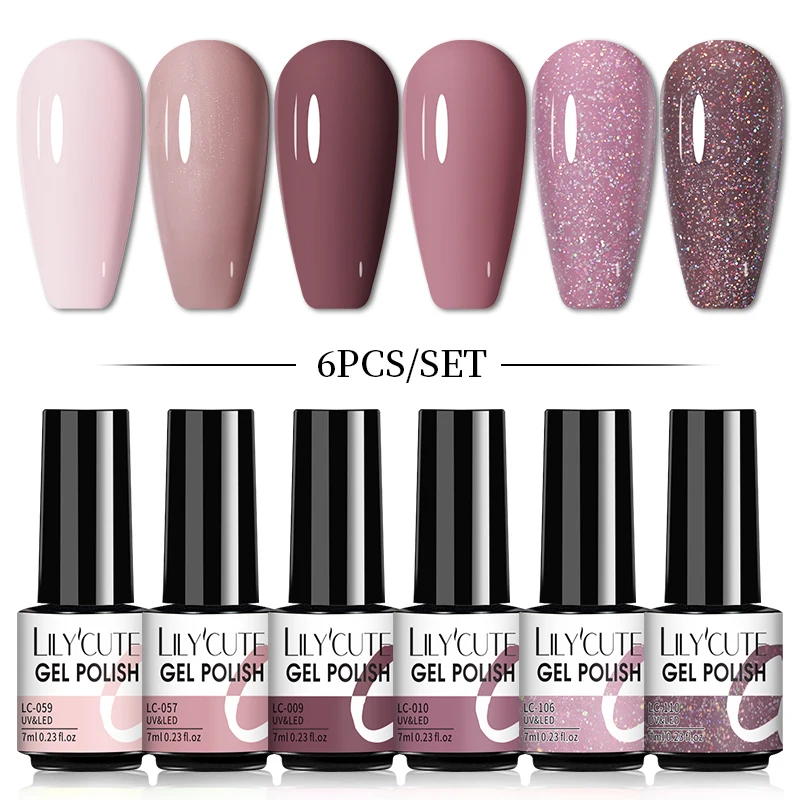 

LILYCUTE 6PCs Gel Nail Polish Set Nude Pink Vernis Semi Permanent Hybrid Gel Varnish Soak Off UV LED Nail Art Gel Base Top Coat