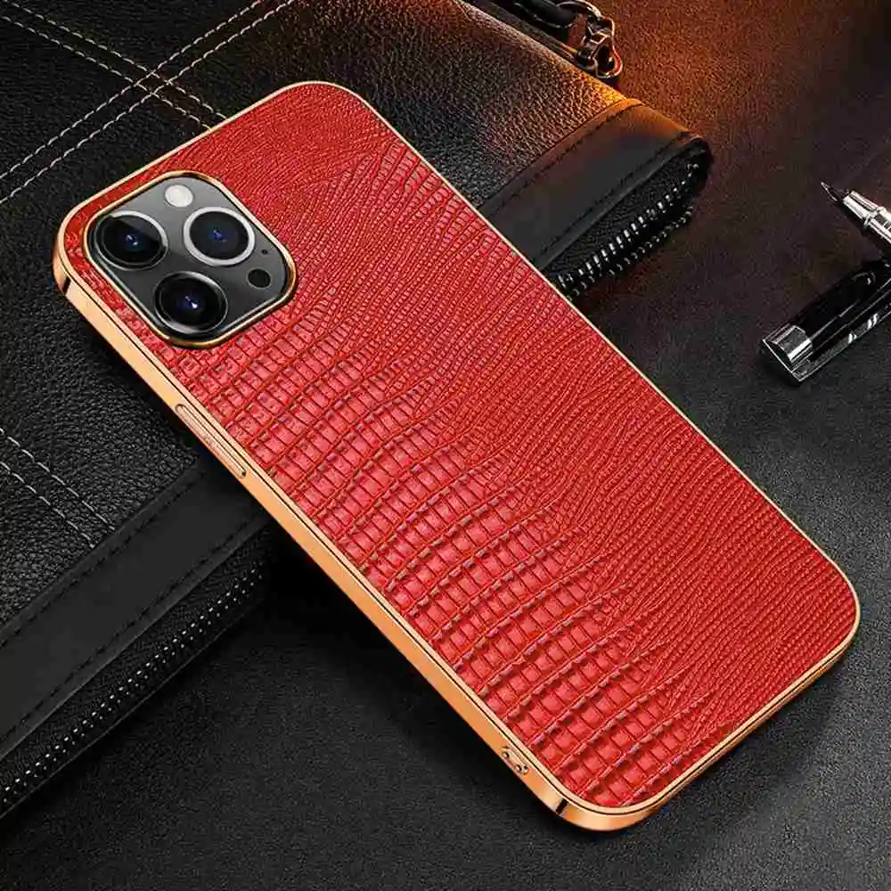Genuine Leather Case for iPhone 13 12 11 14 Pro MAX Mini 12Pro 13Pro 11Pro 14Pro X XR XS Max Case Luxury Plating Soft Back Cover