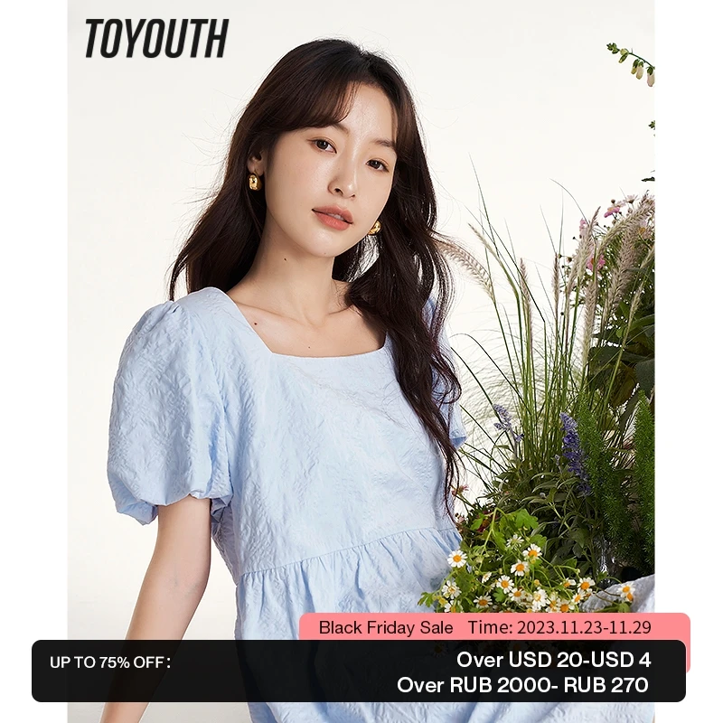

Toyouth Women Dress 2023 Summer Puff Sleeves Square Neck A-shape Jacquard Texture Fabric Green Blue Cute Chic Midi Skirt