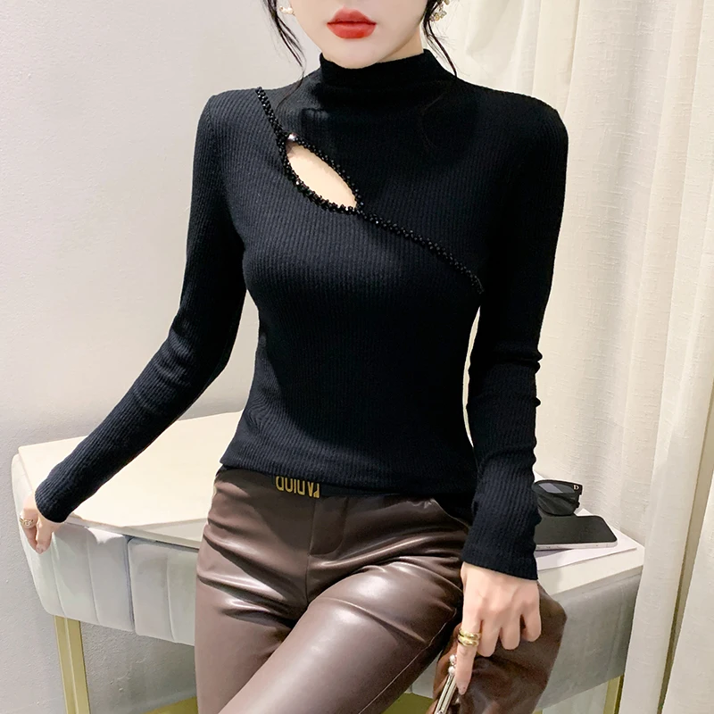 M-3XL Черная водолазка с длинными рукавами женская футболка элегантная тонкая