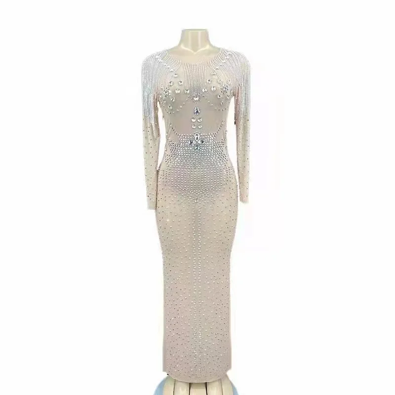 

WA74 Sexy Female Catwalk Wear Mesh Rhinestones Long Evening Dress See Through Diamonds Tassel Hip Skirt Birthday Dancer Costume