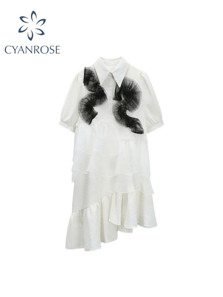 

Women's Summer Mini Dress Ruffle Edge Patchwork Lolita Kawaii High Waist Midi Dress French Elegant Sweet Party Holiday Vestido