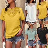 summer lace patchwork tops for women 2022 new o neck short sleeve hollow out casual solid t shirt