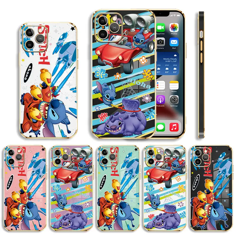 

Stitch Drive A Car Luxury Soft Plating Phone Case For iPhone 13 12 11 Pro Max Mini X XR XS Max 7 8 6 6s Plus SE Cover