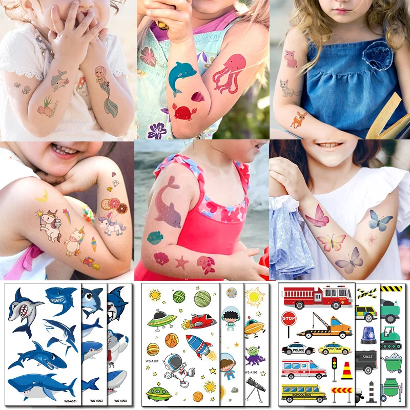 10 шт./лот детская Временная тату-Бабочка цветная Единорог Русалка динозавр робот