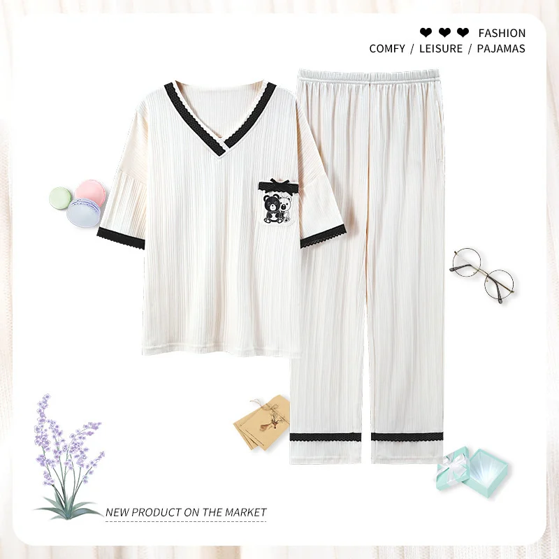 pajamas female summer short sleeved trousers pure cotton lovely student princess style less women's home clothes suit
