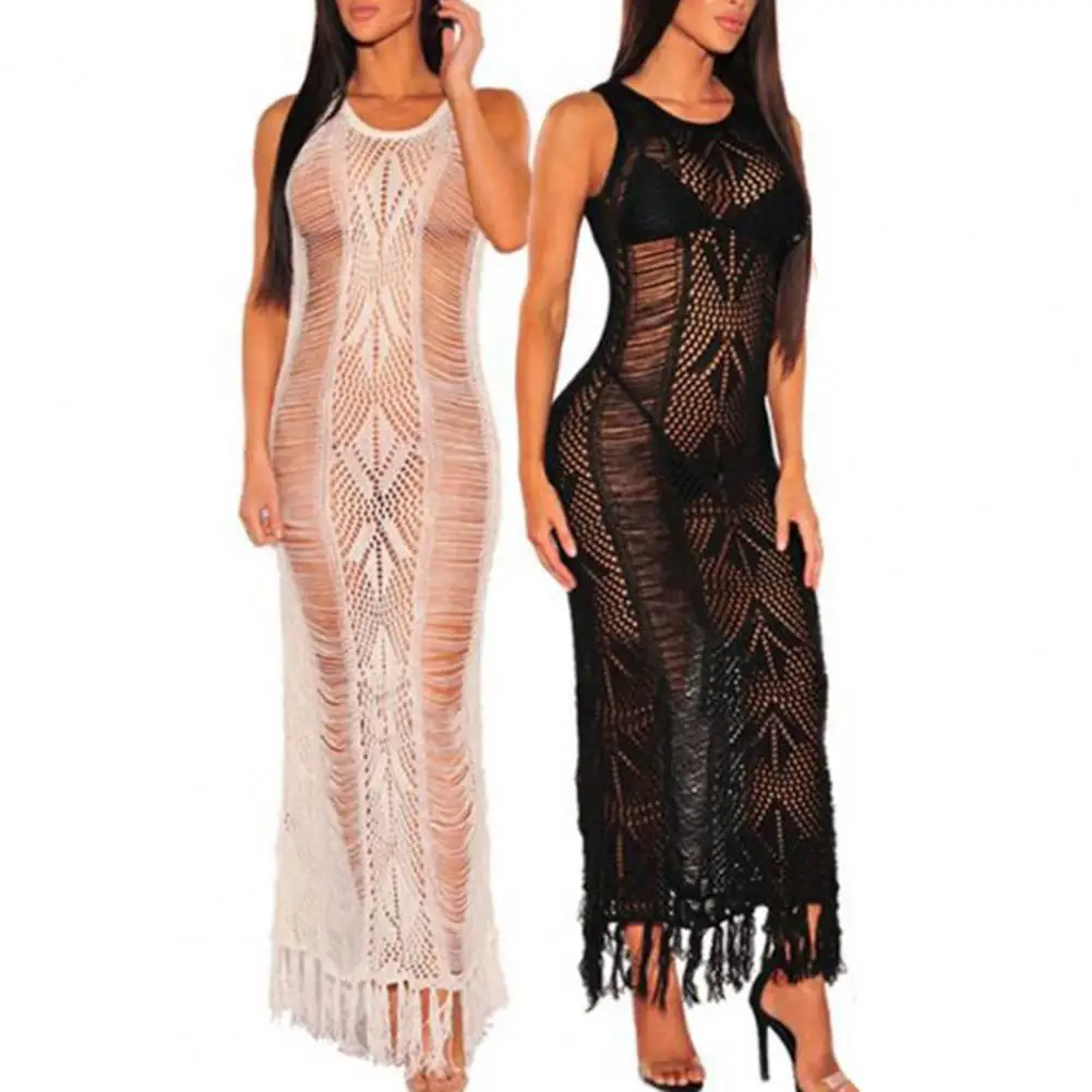 

Women Crochet Cover Up Embroidery One-step Style O-Neck Knit Tassel Perspective Sleeveless Long Dress for Beach Swimwear