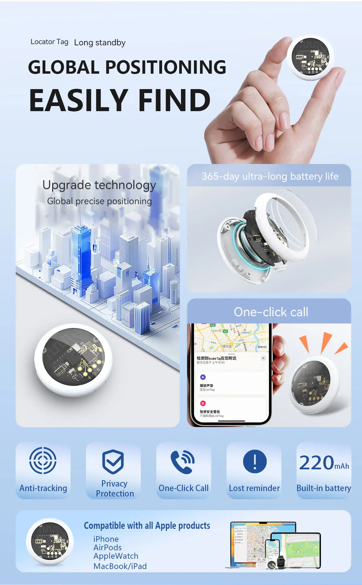 Фото Умный GPS-трекер для iOS и Android, глобальный локатор, Bluetooth-устройство против потери для iPhone, Google Find My, для поиска багажа, домашних животных, ключей от машины. №3