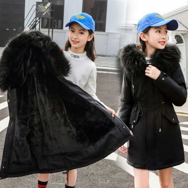 

Зимняя куртка для девочек-подростков плюс бархатная теплая детская ветровка пальто для девочек с меховым воротником и капюшоном