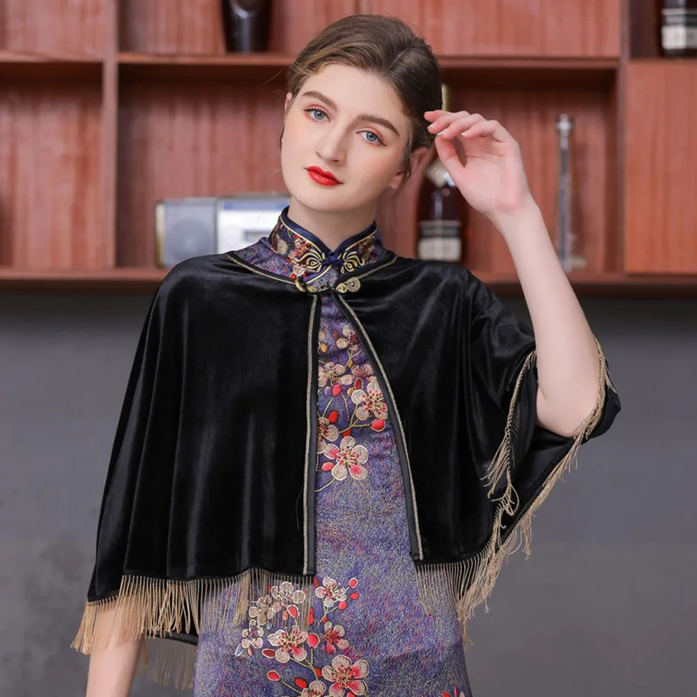 

High-end Cape Femme Gold Velvet Shawl With Cheongsam Cloak Coat Wedding Poncho Women 2022 Vintage Tassel Cardigan Casaco Feminin