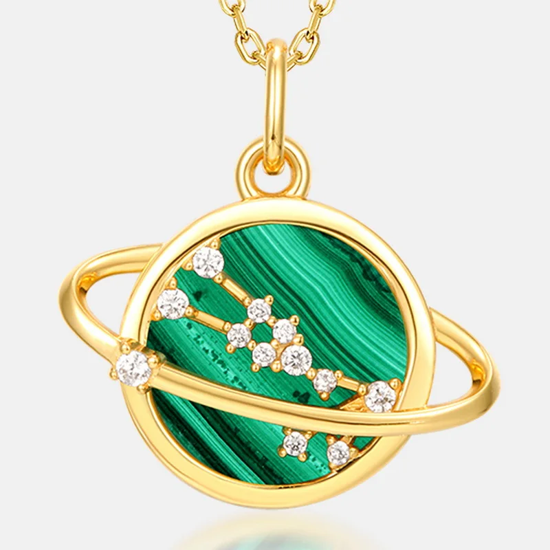 

Natural Malachite Planet Necklace S925 Sterling Silver 10k Gold Plated Zircon Malachite Crystal Planetary Star Pendant Necklaces