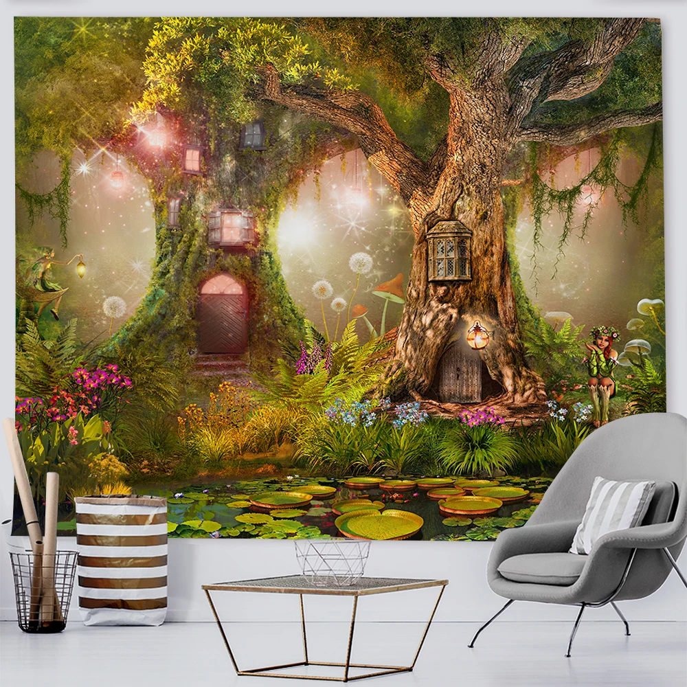 

Fantasy Plant Magical Forest Wall Decoration Tapestry Wall Hanging Cheap Large Life Tree Elves Stream Fairy Tale Art Backdrop
