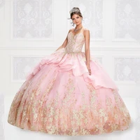 blush pink princess quinceanera dresses gold lace floral shiny puffy skirt sweetheart tulle vintage lace applique sweet 16 dress
