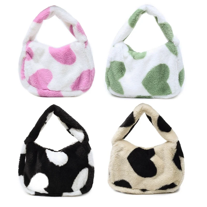 

Women's Bag Trend Hand Bag Plush Heart Print Shopper Purses Female 2022 Spring Handbag Shoulder Underarm Bag