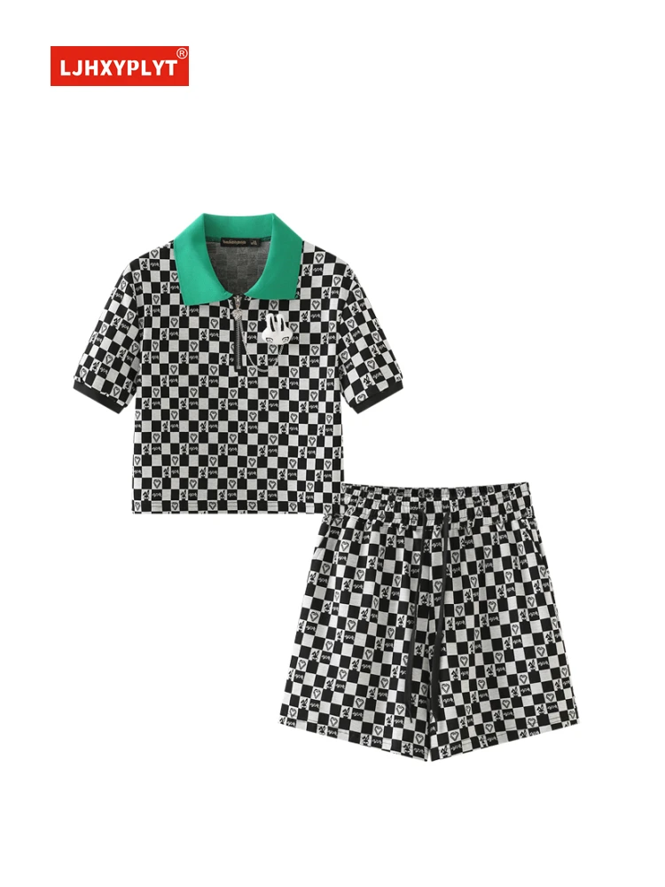 

Checkerboard Knitted Short-sleeved Shorts Suit Women's Summer New Full Print Casual Sports T-shirt Shorts Two-piece Set Female
