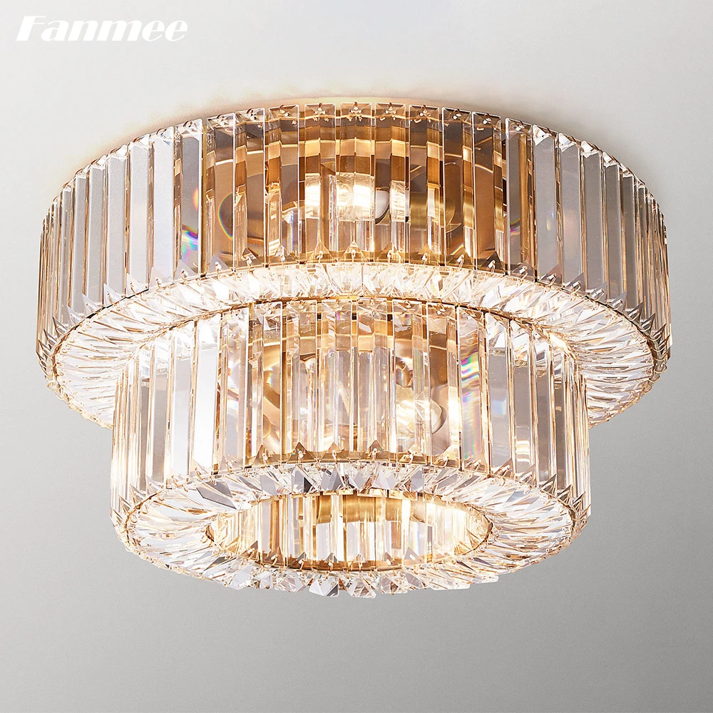 

Elliana Tiered Flushmount LED Round Brass Ceiling Chandelier Modern Clear Smoke Prism Crystal Ceiling Lamps for Home Living Room