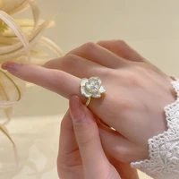 luxury camellia ring opening adjustable pearl white flower elegant fashion jewelry women girls party wedding bands gifts