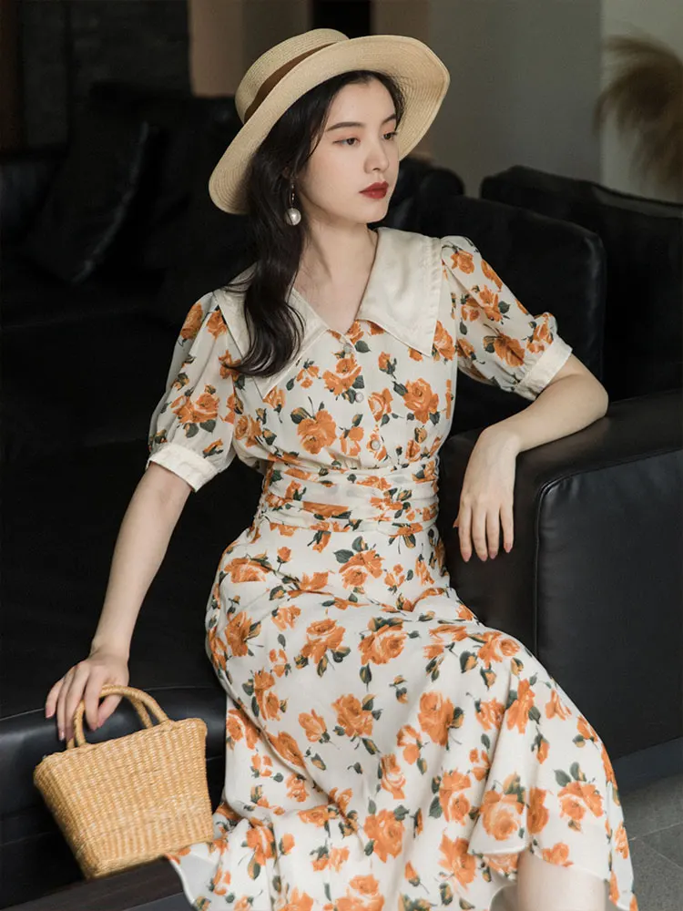 

Summer Print Floral Chiffon Dress Korean Fashion Vintage Turn Down Collar Short Sleeve Elegant Midi Dresses For Slim Lady Faldas