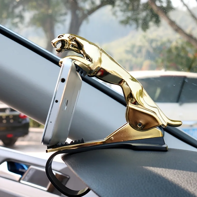 

Upgrade Your Car's Interior with This Golden Leopard Phone Mount Bracket - 360° Rotation & Retractable Stand!