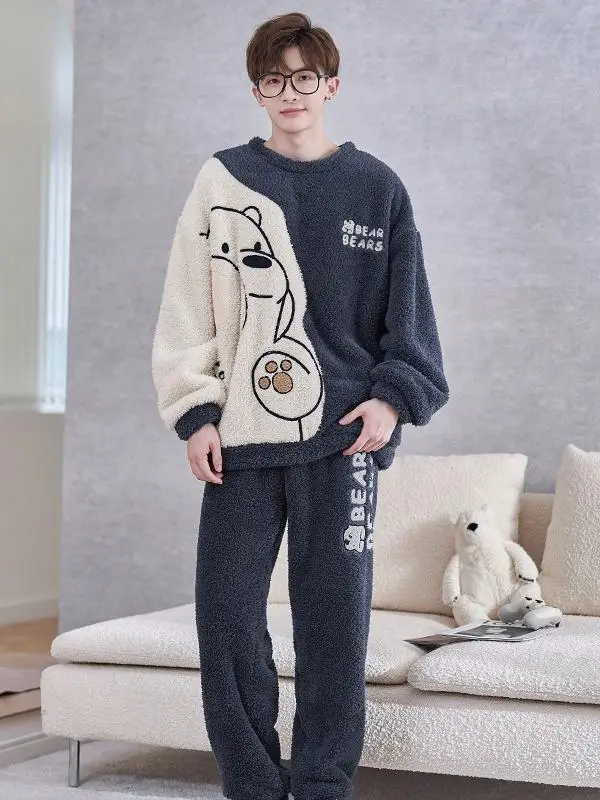British Nextroad Relaxed Bear Pajamas Autumn and Winter Men's Coral Fleece Thickened Youth Cartoon Homewear