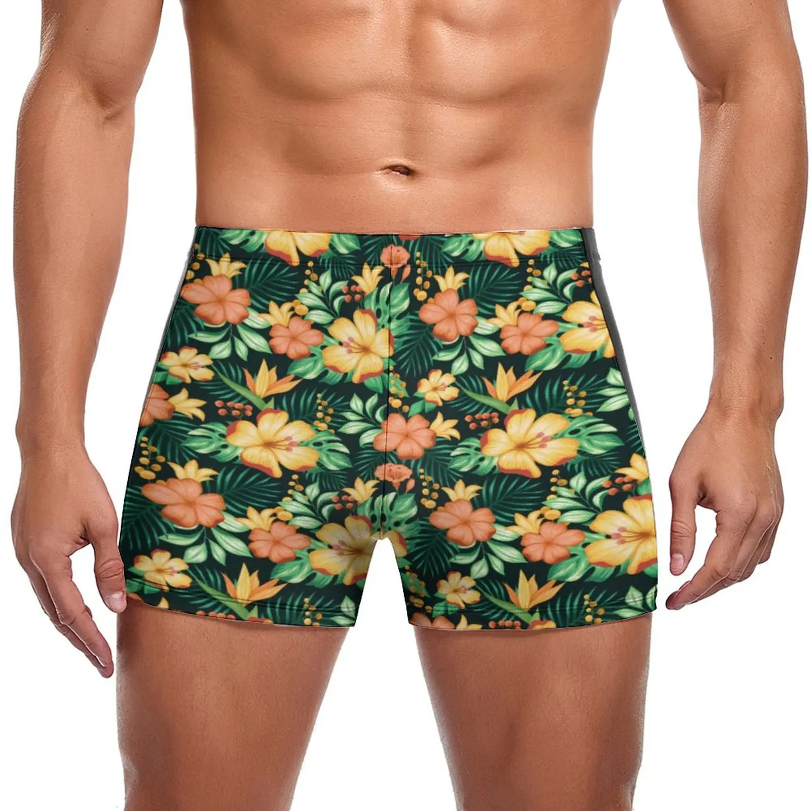 

Floral Pattern Swimming Trunks Tropical Orange And Green Flowers Trending Training Swim Boxers Push Up Stay-in-Shape Swimwear