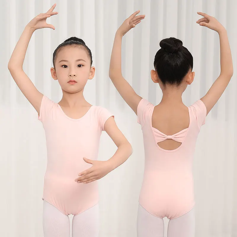 

Girls Ballet Dance Leotards Dancewear Clothing outfit For Kids Short Sleeve Cotton gymnastics Costumes back Bowknot Wholesale
