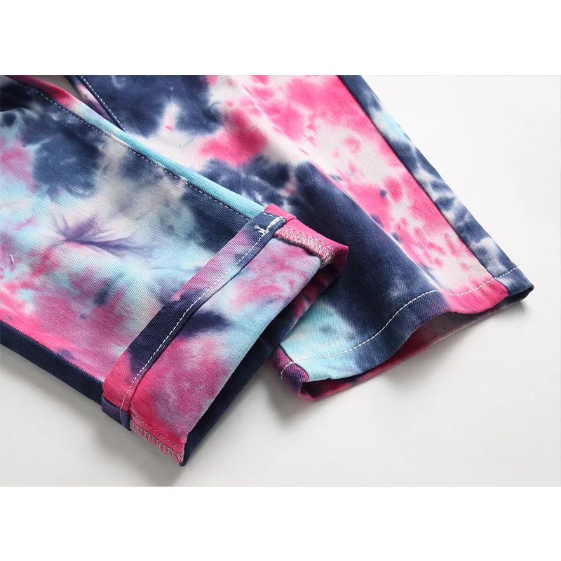 Mens Jeans High Street Fashion Tie Dyed Colorful Elastic Straight Denim Jeans Full Length Streetwear Men Jeans Belt Not Included