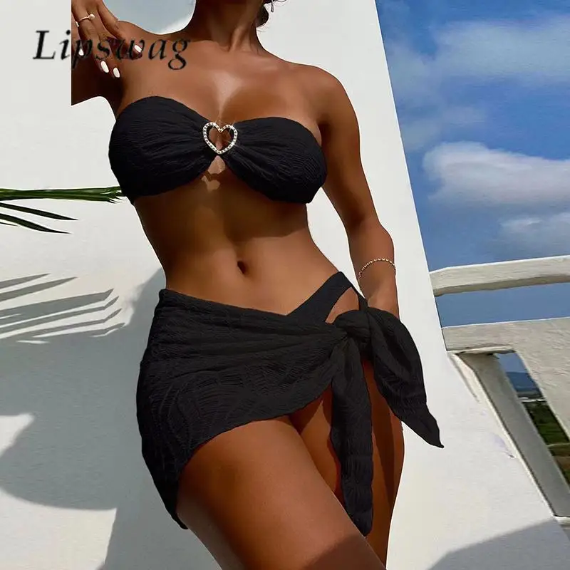 

Sexy Three Piece Swimsuit Bikini Fashion Solid Color Diamond Heart Women Swimwear Summer Push Backless Skirt Cover-ups Beachwear