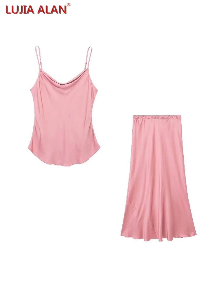 

Новая женская розовая атласная короткая блузка на бретельках, повседневная женская рубашка с воротником-качалкой, свободные топы + юбка средней длины с эластичным поясом, LUJIA ALAN B1518
